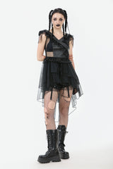 Black V Collar Sleeveless Multi-Layered Ruffled Sheer Mesh Women's Punk Dress - Product - 6