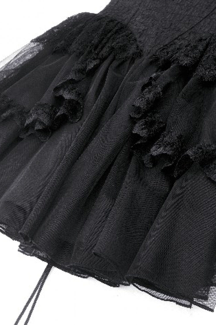 Black V Collar Sleeveless Multi-Layered Lace Trim Lace-Up Women's Gothic Party Slip Graduation Dress - Product - 17