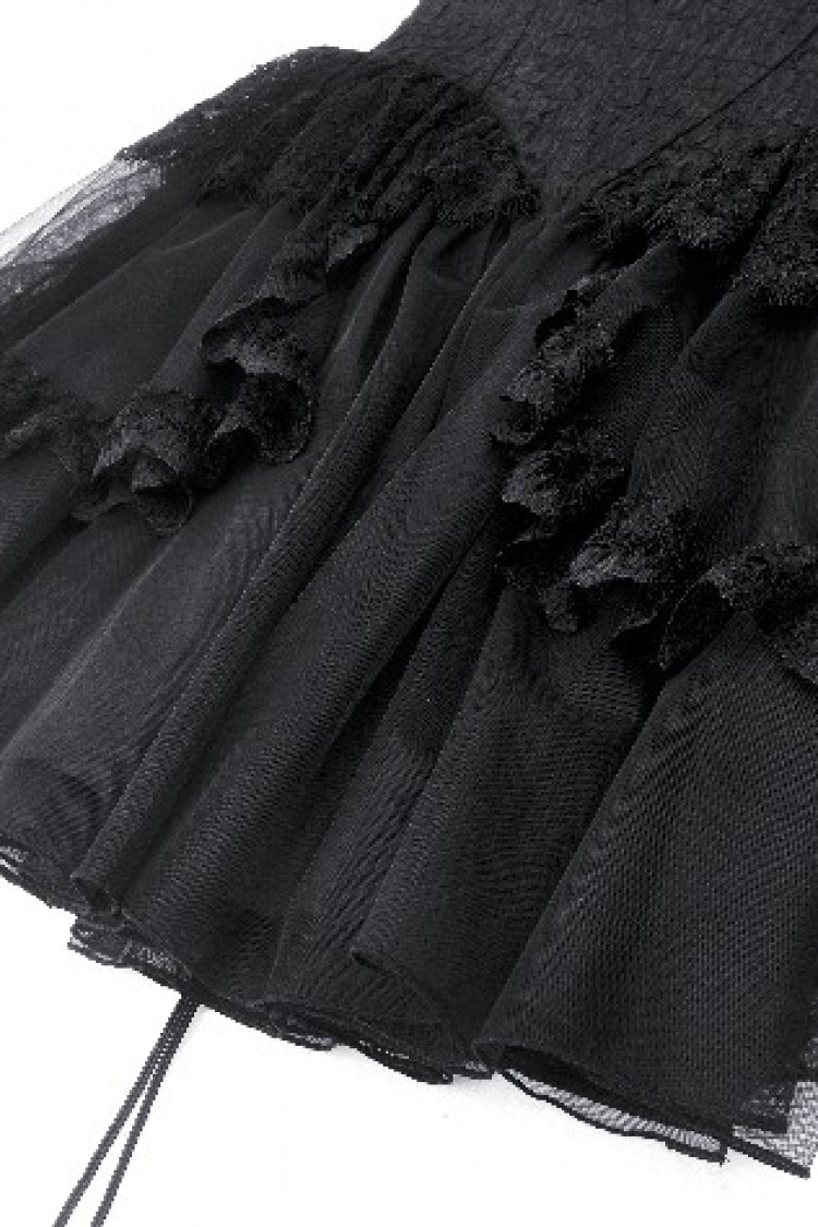 Black V Collar Sleeveless Multi-Layered Lace Trim Lace-Up Women's Gothic Party Slip Graduation Dress - Product - 17
