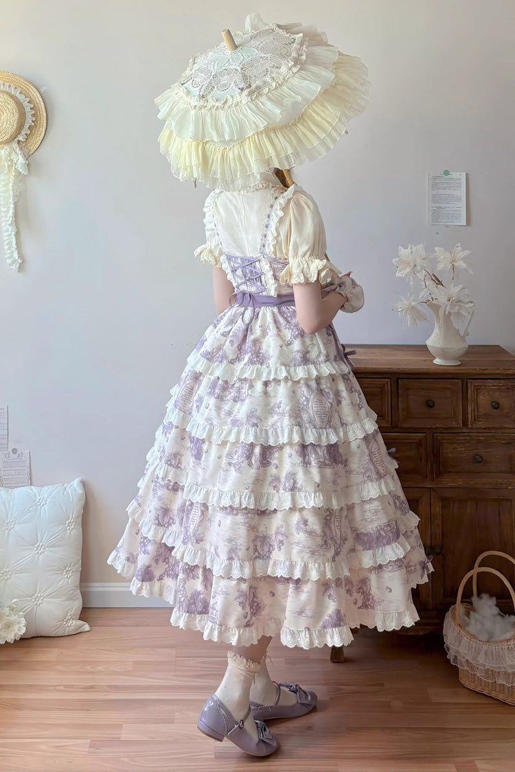Purple [Grape Moon Almanac] Sleeveless Multi-Layered Printed Ruffled Bow Adjustable-Length Sweet Lolita Jsk Dress - Product - 10