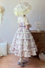 Purple [Grape Moon Almanac] Sleeveless Multi-Layered Printed Ruffled Bow Adjustable-Length Sweet Lolita Jsk Dress - Product - 10