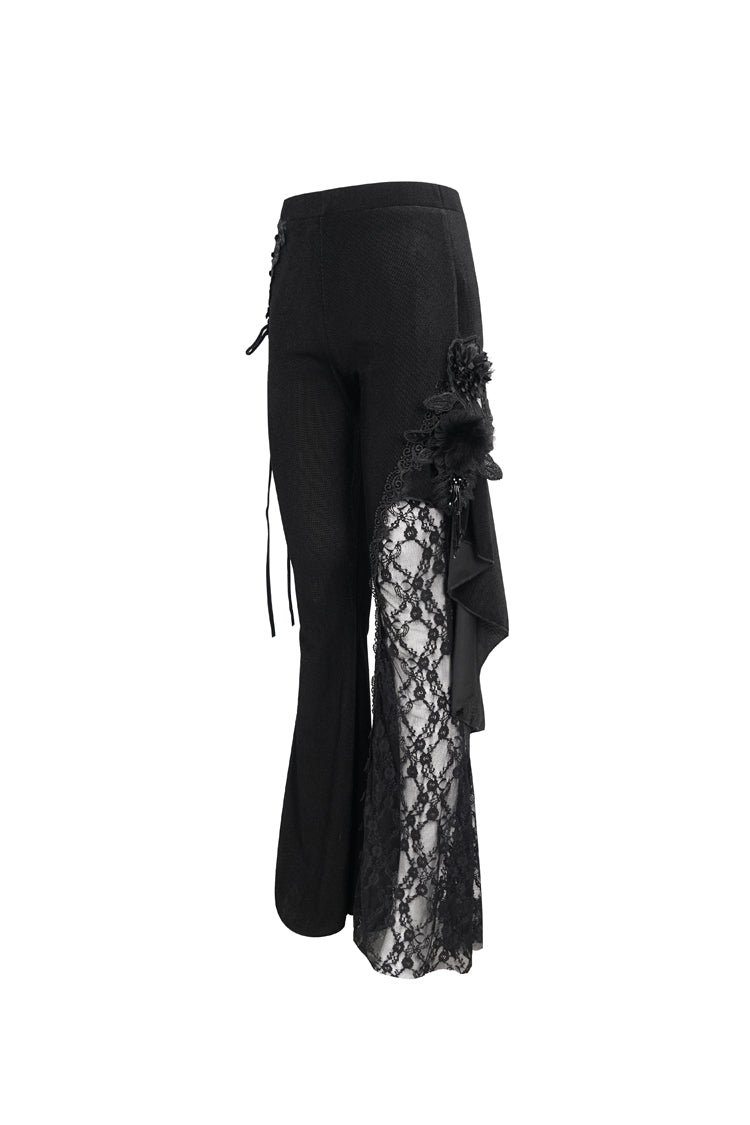 Black Velvet Single Side Stitching Rose Net Side Rope Decoration Asymmetric Pattern Flare Women's Gothic Pants - Product - 9
