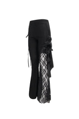 Black Velvet Single Side Stitching Rose Net Side Rope Decoration Asymmetric Pattern Flare Women's Gothic Pants - Product - 9