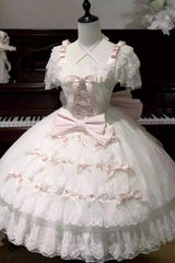 White/Pink [Snow of Love] Ruffled Hanayome Open-Front Bow Lace Sweet Princess Lolita Dress - Product - 3