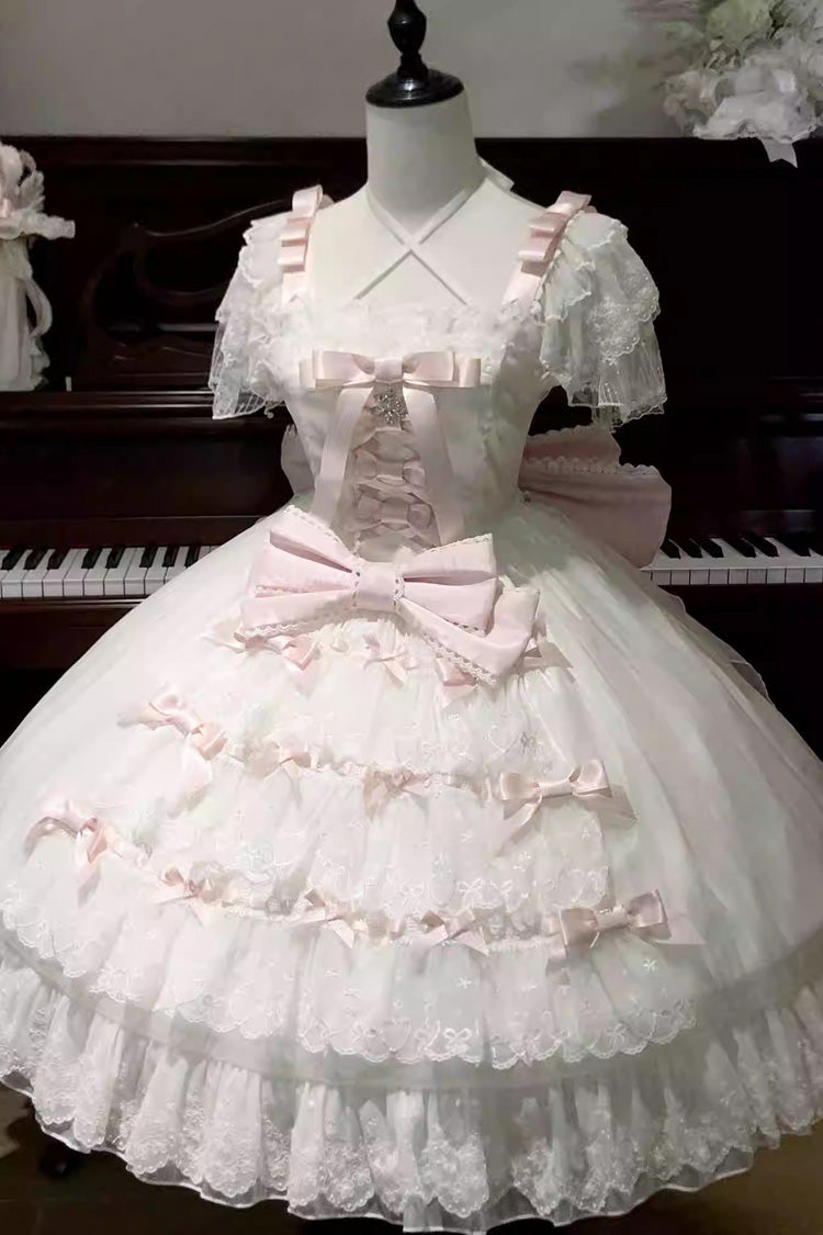 White/Pink [Snow of Love] Ruffled Hanayome Open-Front Bow Lace Sweet Princess Lolita Dress - Product - 3