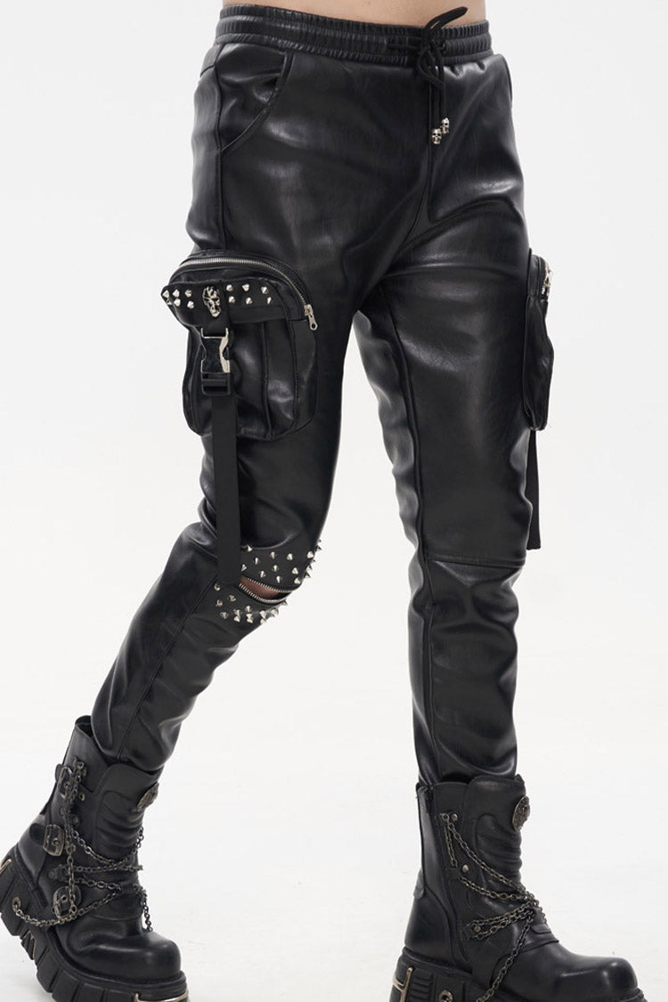 Black Punk Leather Metal Rivets Zipper Stereoscopic Side Pockets Men's Pants - Product - 3