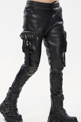 Black Punk Leather Metal Rivets Zipper Stereoscopic Side Pockets Men's Pants - Product - 3