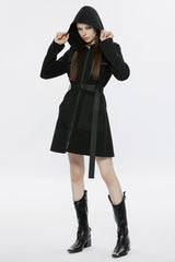 Black Long Sleeves Buckle Belt Hooded Women's Punk Dress - Product - 4
