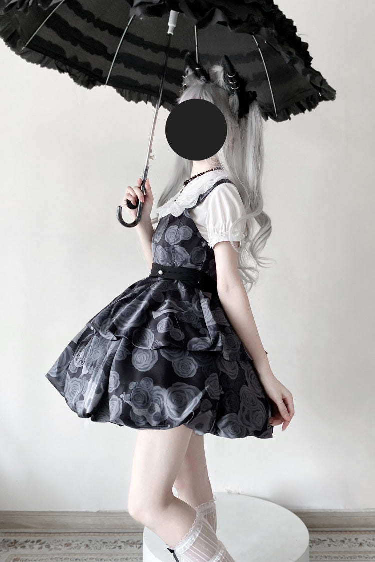 Black Rose Print Two-layer Bowknot Gothic Lolita Jsk Dress - Product - 5