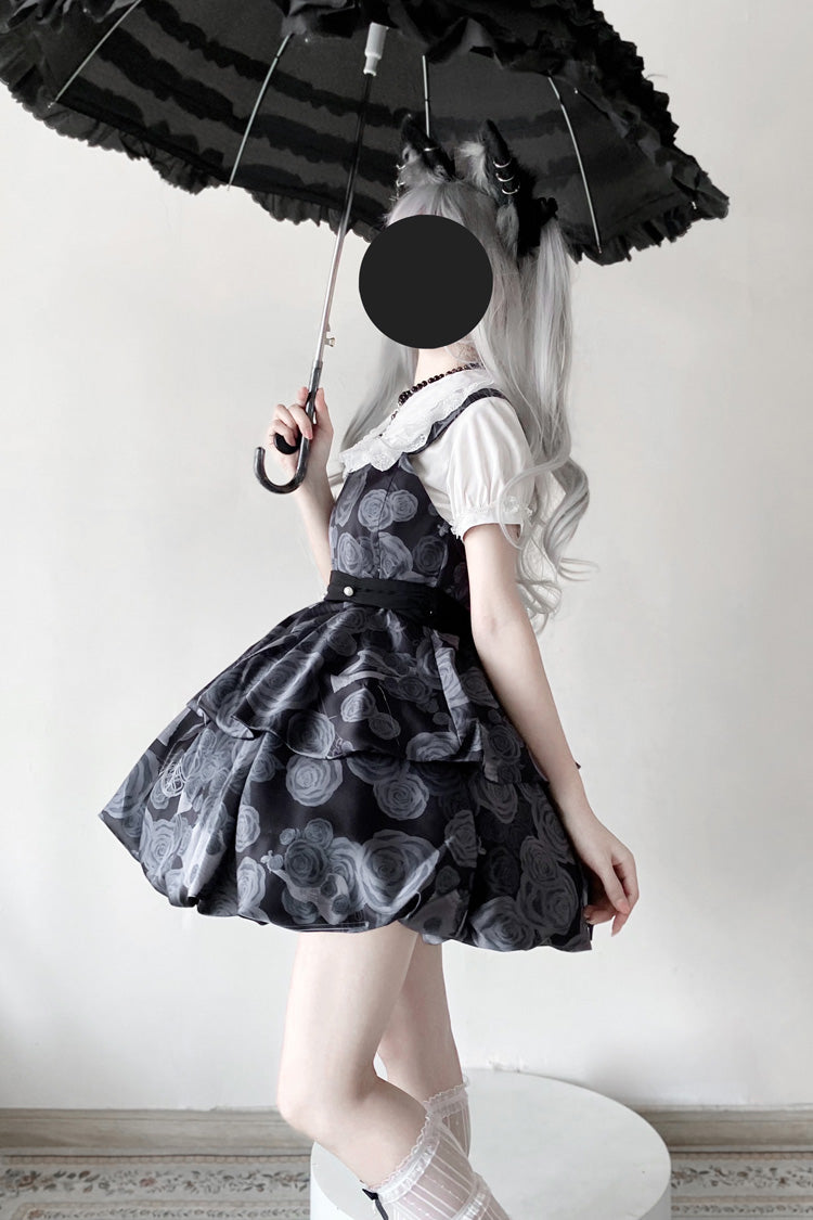 Black Rose Print Two-layer Bowknot Gothic Lolita Jsk Dress - Product - 5