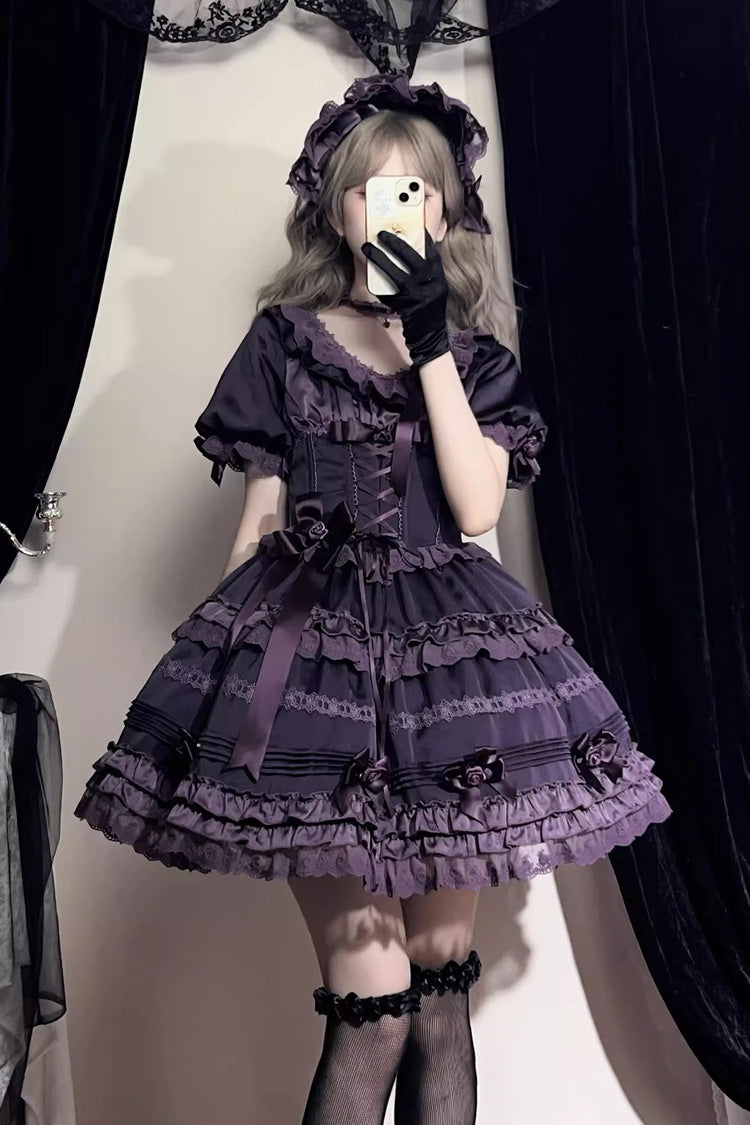 Purple Layered Blackcurrant Short Sleeves Ruffle Bowknot Lace Sweet (Set) front view