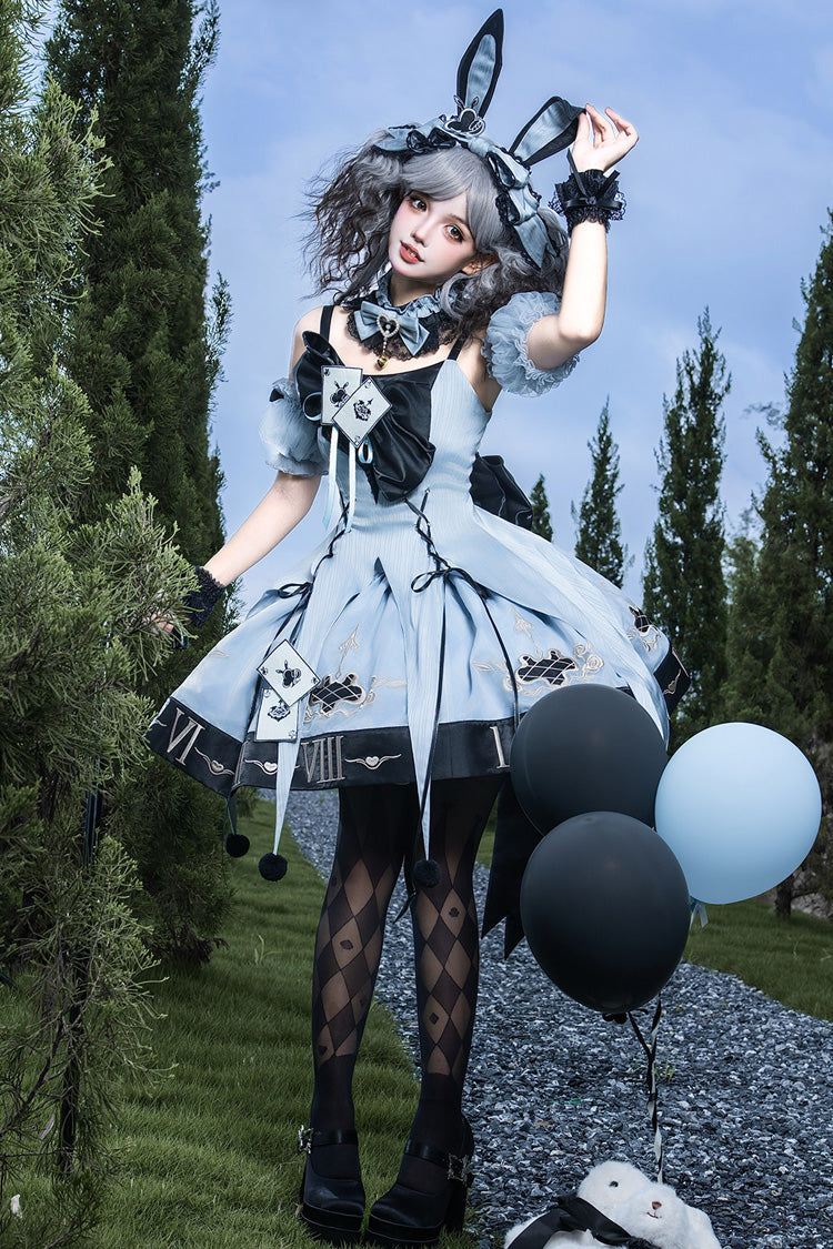 Blue [The Clock Rabbit's Card Game] Sleeveless Jacquard Ruffled Embroidered Bow Lace-Up Gothic Lolita Jsk Dress - Product - 5