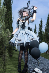 Blue [The Clock Rabbit's Card Game] Sleeveless Jacquard Ruffled Embroidered Bow Lace-Up Gothic Lolita Jsk Dress - Product - 5