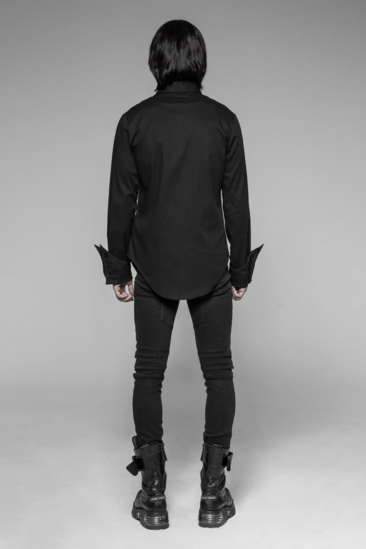 Black Long Sleeve Front Metal Pattern Buckle Sharp Corner Hem Men's Gothic Shirt - Product - 3