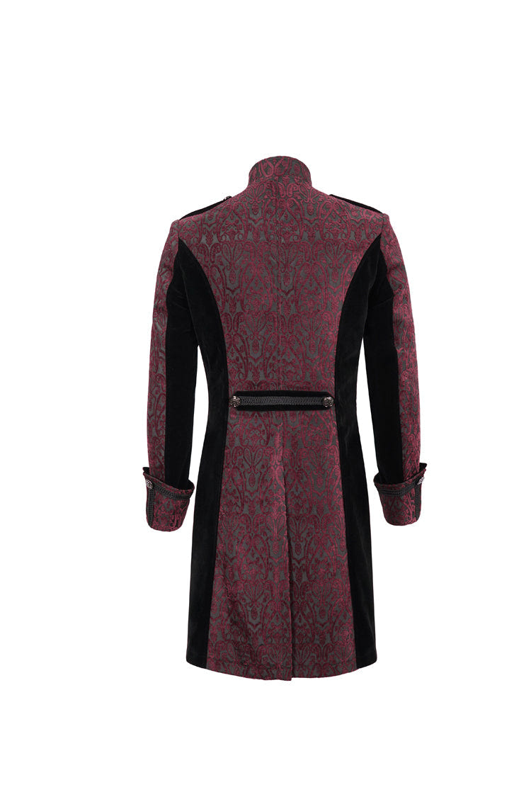 Red Silk Stand Collar Printed Metal Breasted Cross Zipper Back Slit Vintage Men's Gothic Jacket - Product - 9