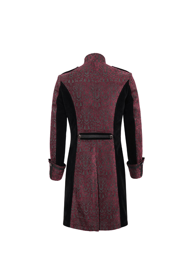 Red Silk Stand Collar Printed Metal Breasted Cross Zipper Back Slit Vintage Men's Gothic Jacket - Product - 9