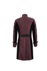 Red Silk Stand Collar Printed Metal Breasted Cross Zipper Back Slit Vintage Men's Gothic Jacket - Product - 9