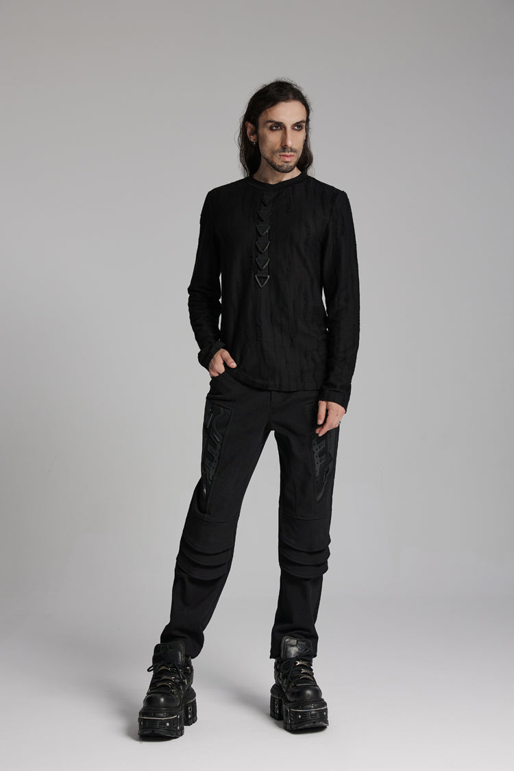 Black Round Collar Long Sleeves Triangle Buckle Men's Punk T-Shirt - Product - 5