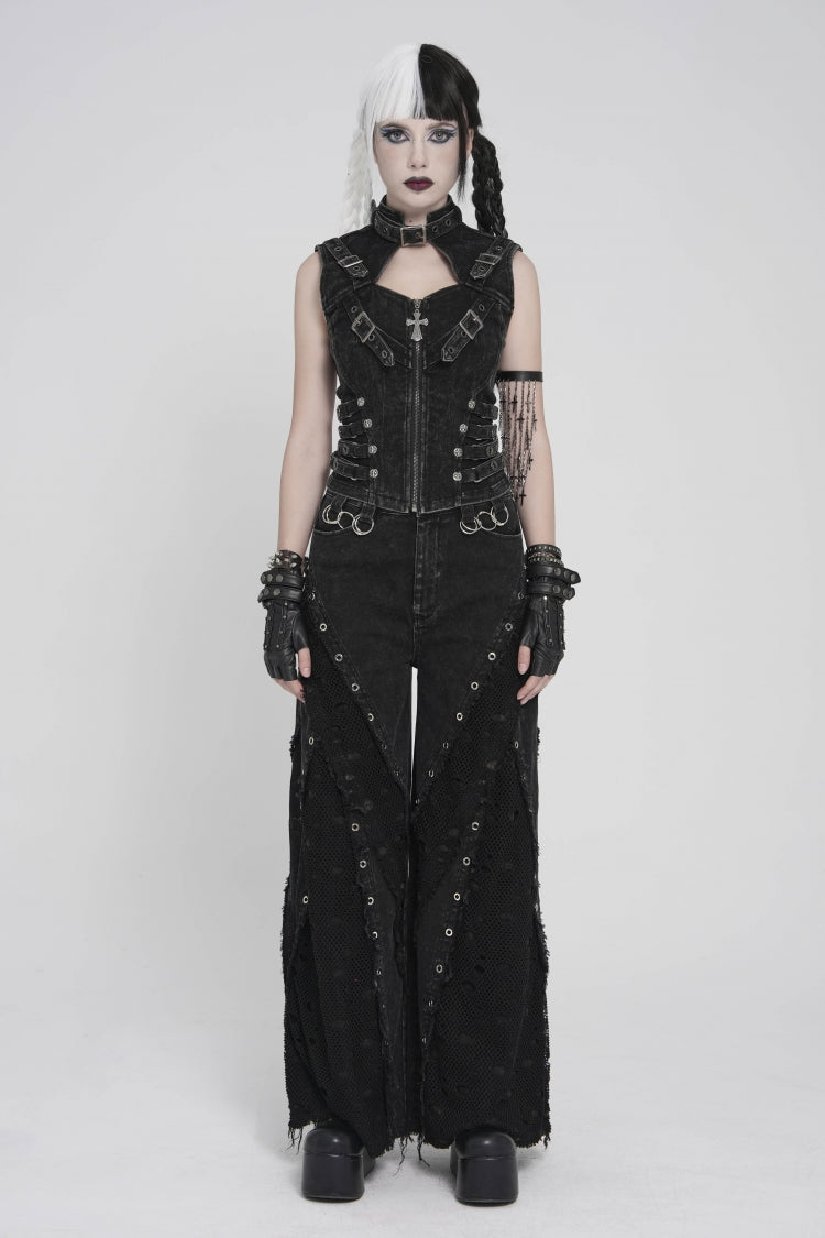 Black Halterneck Slim Buckled Zippered Women's Punk Vest - Product - 2