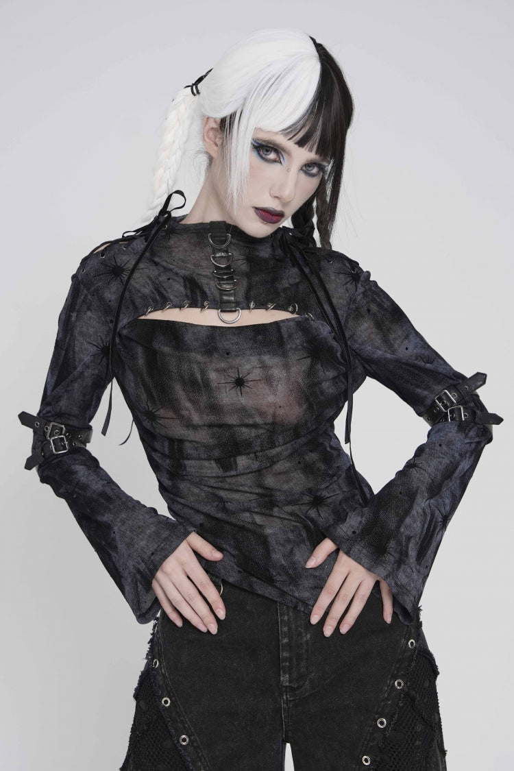 Black Stand Collar Long Sleeves Printed Spliced Lace-Up Asymmetric Buckled Women's Punk Blouse - Product - 8
