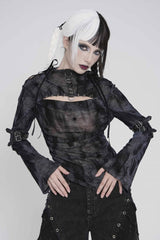 Black Stand Collar Long Sleeves Printed Spliced Lace-Up Asymmetric Buckled Women's Punk Blouse - Product - 8