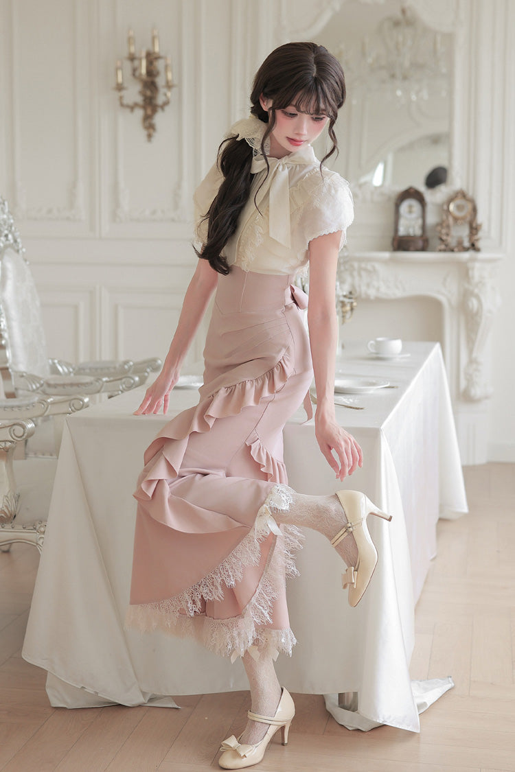 White/Pink Round Collar Short Sleeves Ruffled Bow Lace Color-Blocked Boned Sweet Lolita Dress 2 Versions - Product - 18