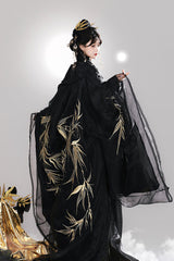 Black [Bamboo Leaves] V Collar Trumpet Sleeves High Waisted Embroidered Women's Classic Hanfu Dress Set - Product - 6