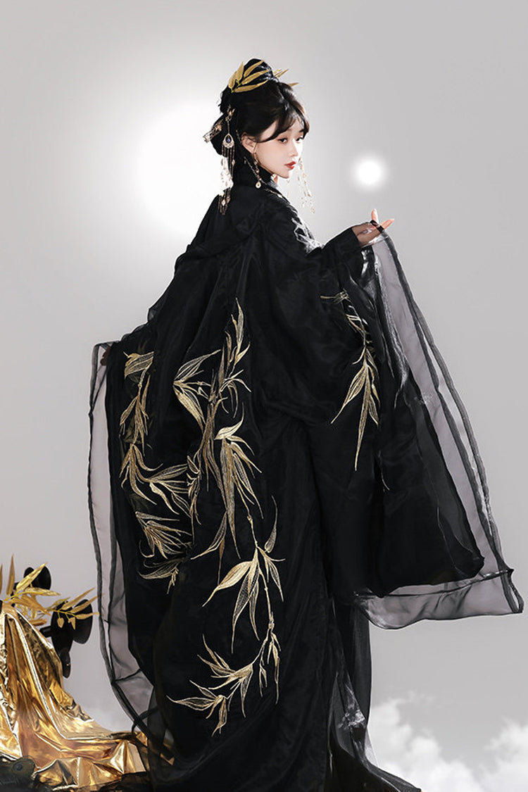 Black [Bamboo Leaves] V Collar Trumpet Sleeves High Waisted Embroidered Women's Classic Hanfu Dress Set - Product - 6