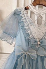 Blue High Waisted Planet Butterfly Print Ruffle Lace Sweet Lolita Dress - Product - 19