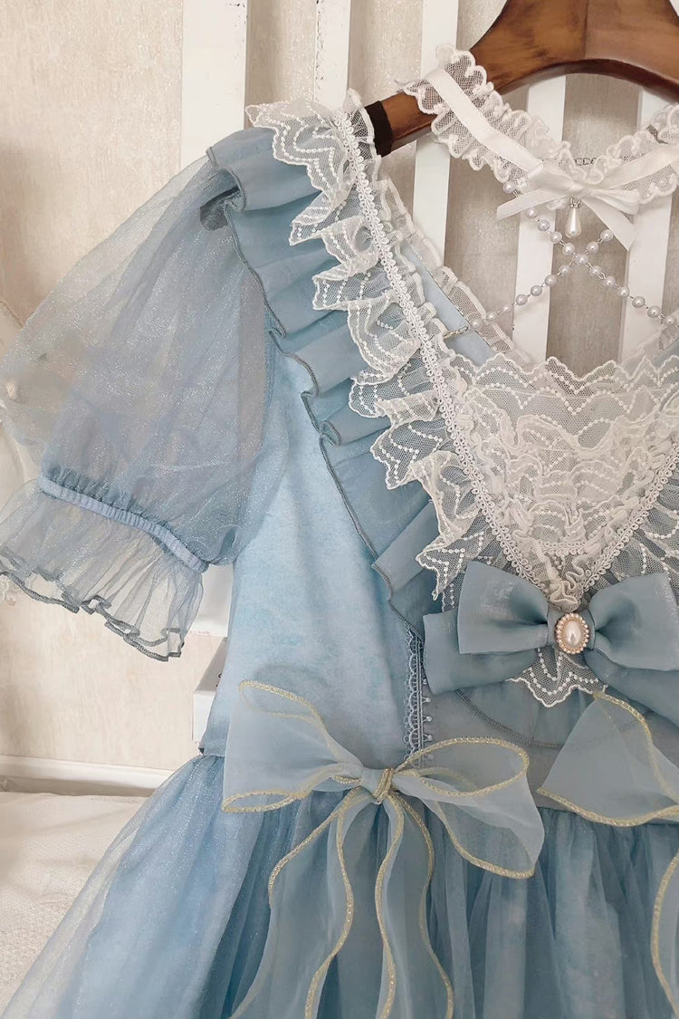 Blue High Waisted Planet Butterfly Print Ruffle Lace Sweet Lolita Dress - Product - 19
