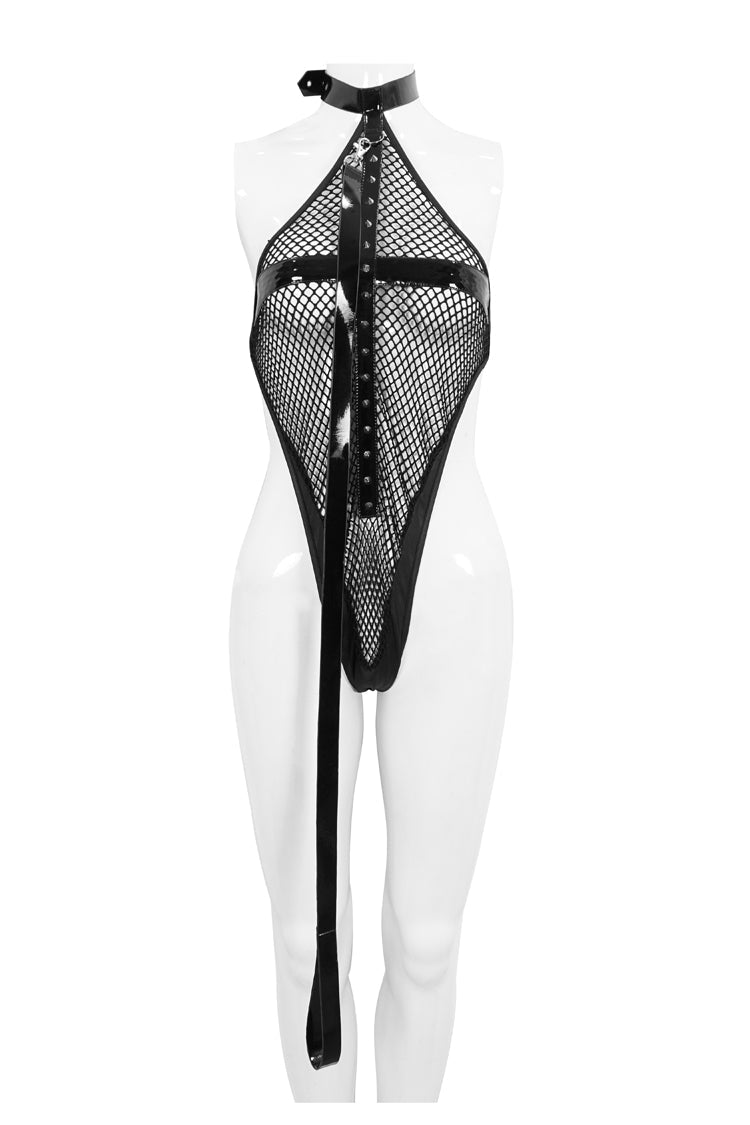 Black Sexy Leather Neck Ring Metal Rivets Fishnet Women's Punk Underwear - Product - 5