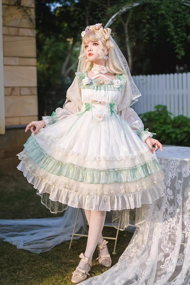 Green [Spring of Boliya] Long Sleeves Multi-Layered Ruffle Bowknot Lace Lace-Up Sweet Princess Lolita Dress - Green - 1