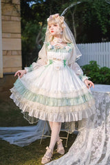 Green [Spring of Boliya] Long Sleeves Multi-Layered Ruffle Bowknot Lace Lace-Up Sweet Princess Lolita Dress - Green - 1