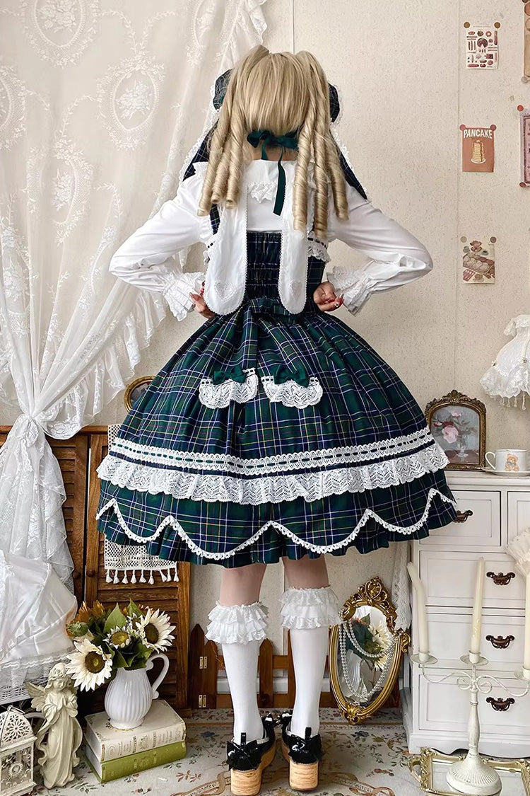 Green [Gingham Petal Bunny] Printed Ruffled Bow Sweet Lolita Jsk Dress - Product - 7