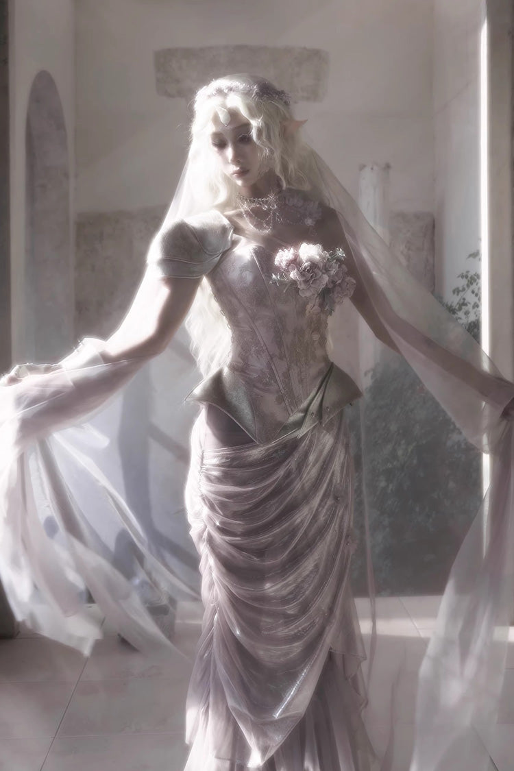 Pink [Moonlight Beast Spirit] Elf-style One-shoulder Printed 3D Floral Asymmetric Fishbone Sweet Corset - Product - 5