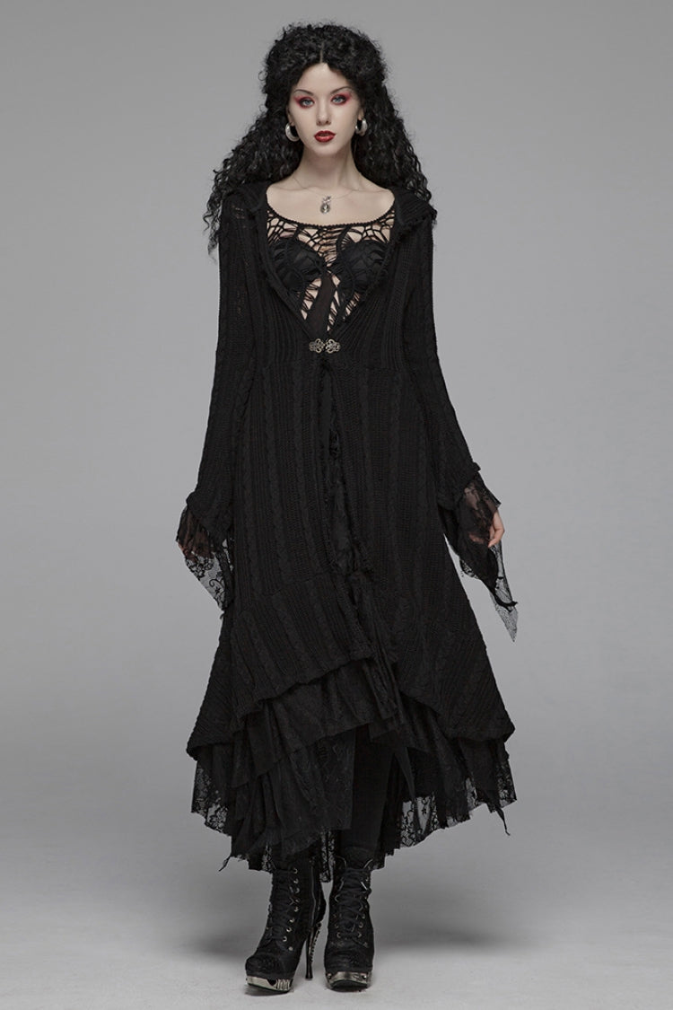 Black Long Sleeves Hollow Hooded Women's Gothic Dress - Product - 4