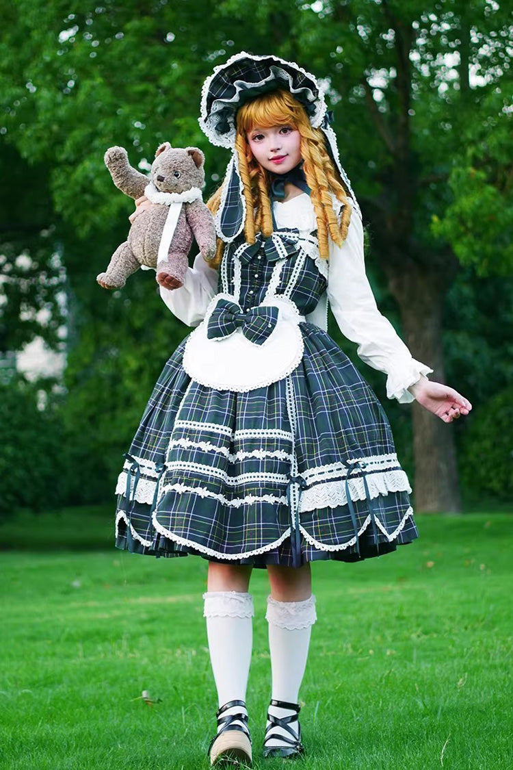 Green [Gingham Petal Bunny] Printed Ruffled Bow Sweet Lolita Jsk Dress - Product - 9