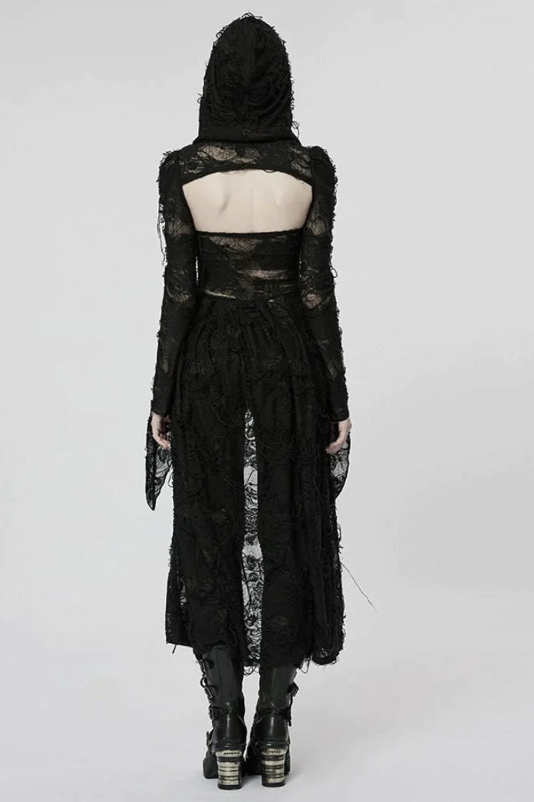 Black Two-piece Knit Ripped Hooded Womens Gothic Coat - Product - 4