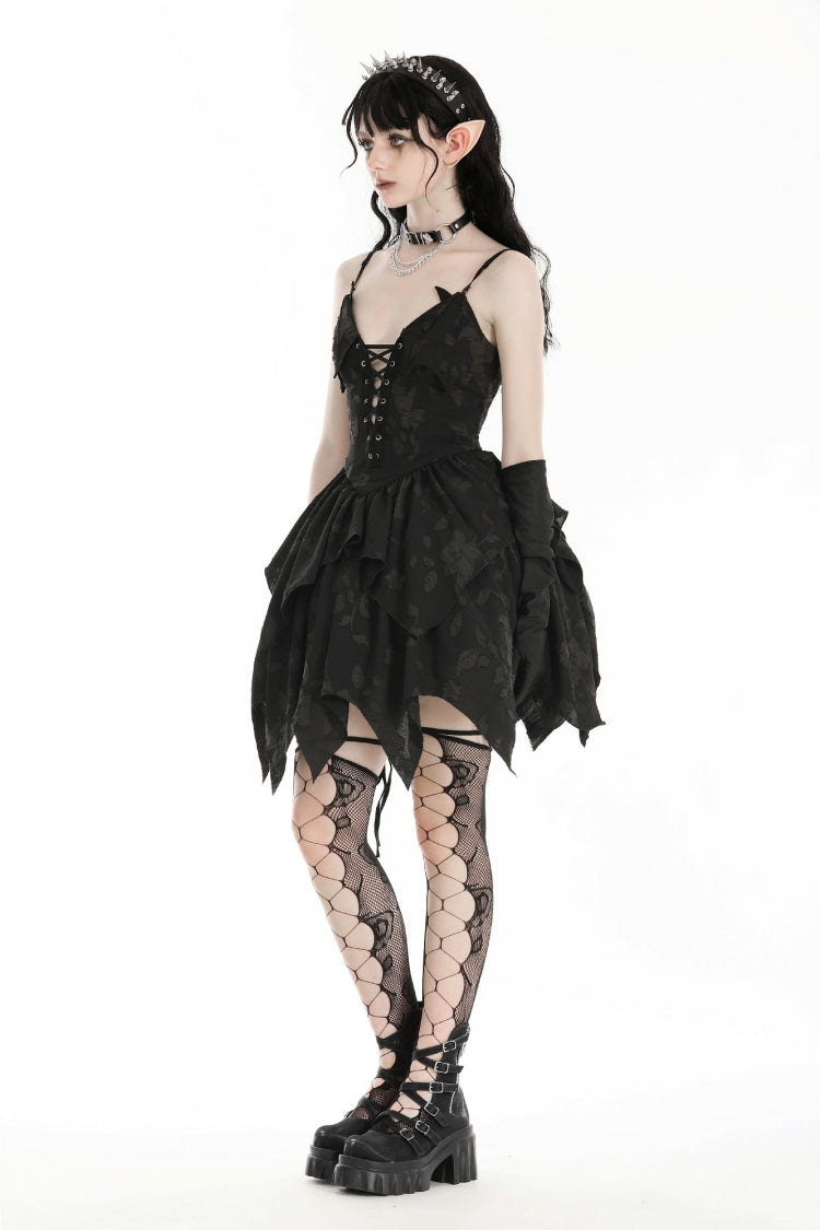 Black V Collar Sleeveless Halloween Printed Irregular Women's Gothic Slip Dress - Product - 6