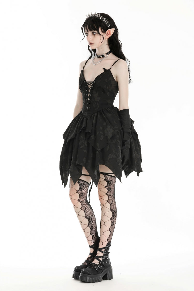 Black V Collar Sleeveless Halloween Printed Irregular Women's Gothic Slip Dress - Product - 6