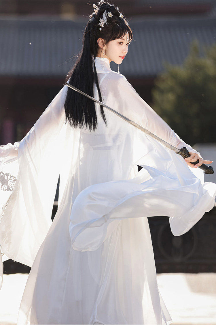 White [Silver Moon] High Waisted Embroidered Women's Classic Hanfu Dress Full Set - Product - 6