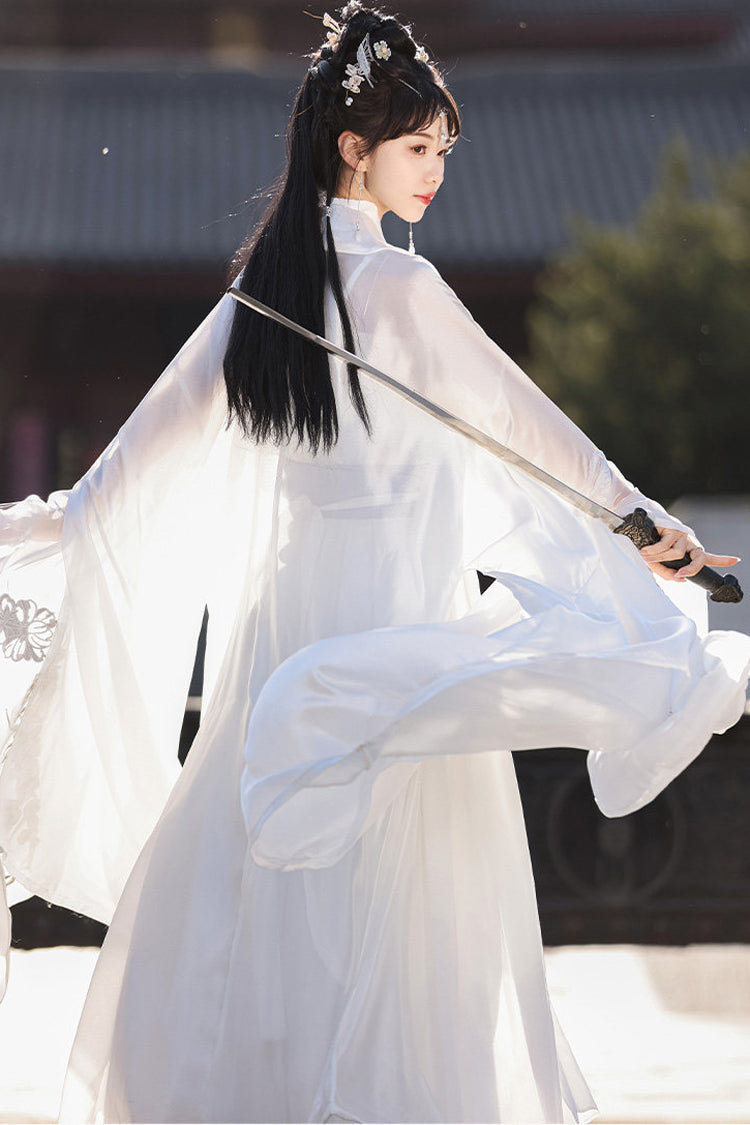 White [Silver Moon] High Waisted Embroidered Women's Classic Hanfu Dress Full Set - Product - 6