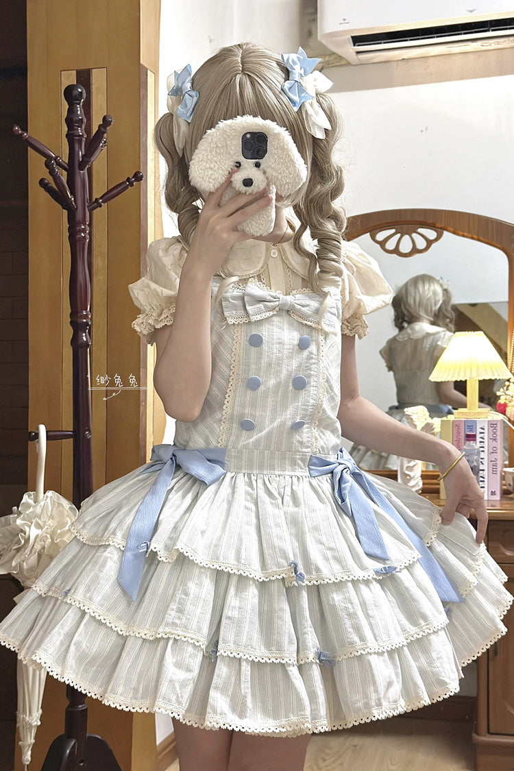 Light Blue Cotton Sleeveless Triple-Layered Printed Ruffled Bow Sweet Lolita Strap Dress - Product - 10