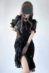 Black [Camellia 2.0] Sleeveless Jacquard Ruffle Lace Asymmetric Gothic Chinese Style Fishtail Lolita Jsk Dress - Product - 3