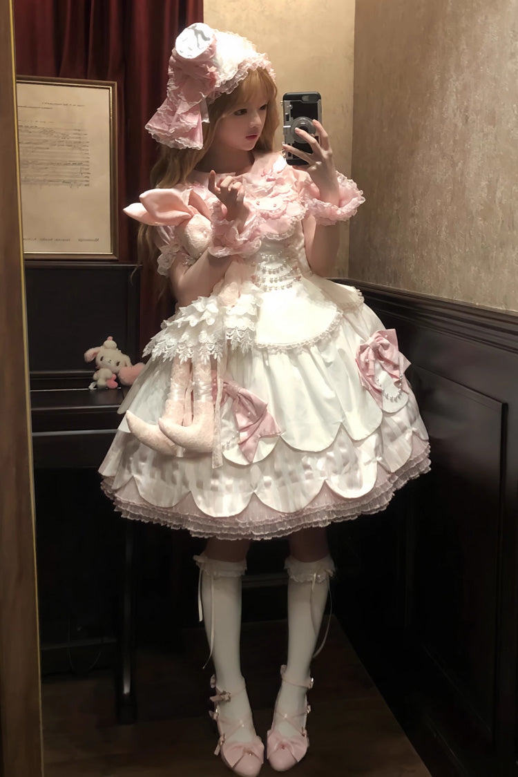 White/Pink Sleeveless Multi-Layered Ruffle Bowknot Lace Pearl Sweet Lolita Jsk Dress - Product - 3