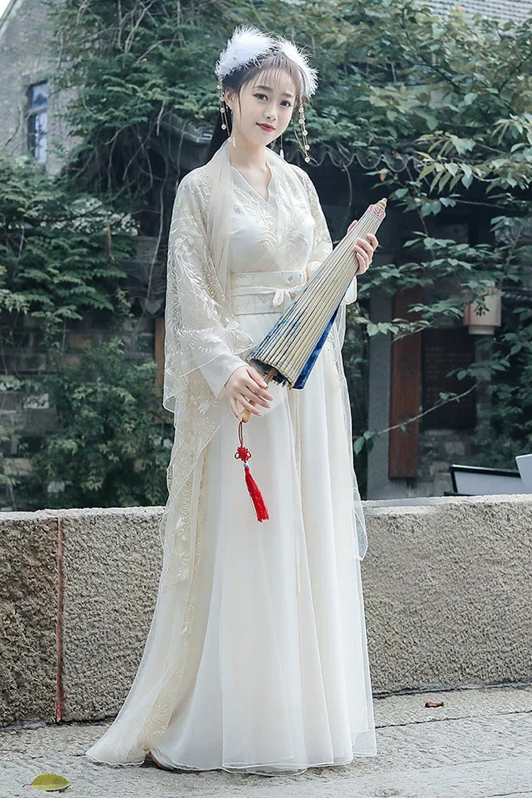 Fairy-Like Ancient Chinese Inspired Long Sleeves Embroidered Casual Hanfu Dress Set 3 Colors - Champagne - 5