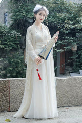 Fairy-Like Ancient Chinese Inspired Long Sleeves Embroidered Casual Hanfu Dress Set 3 Colors - Champagne - 5