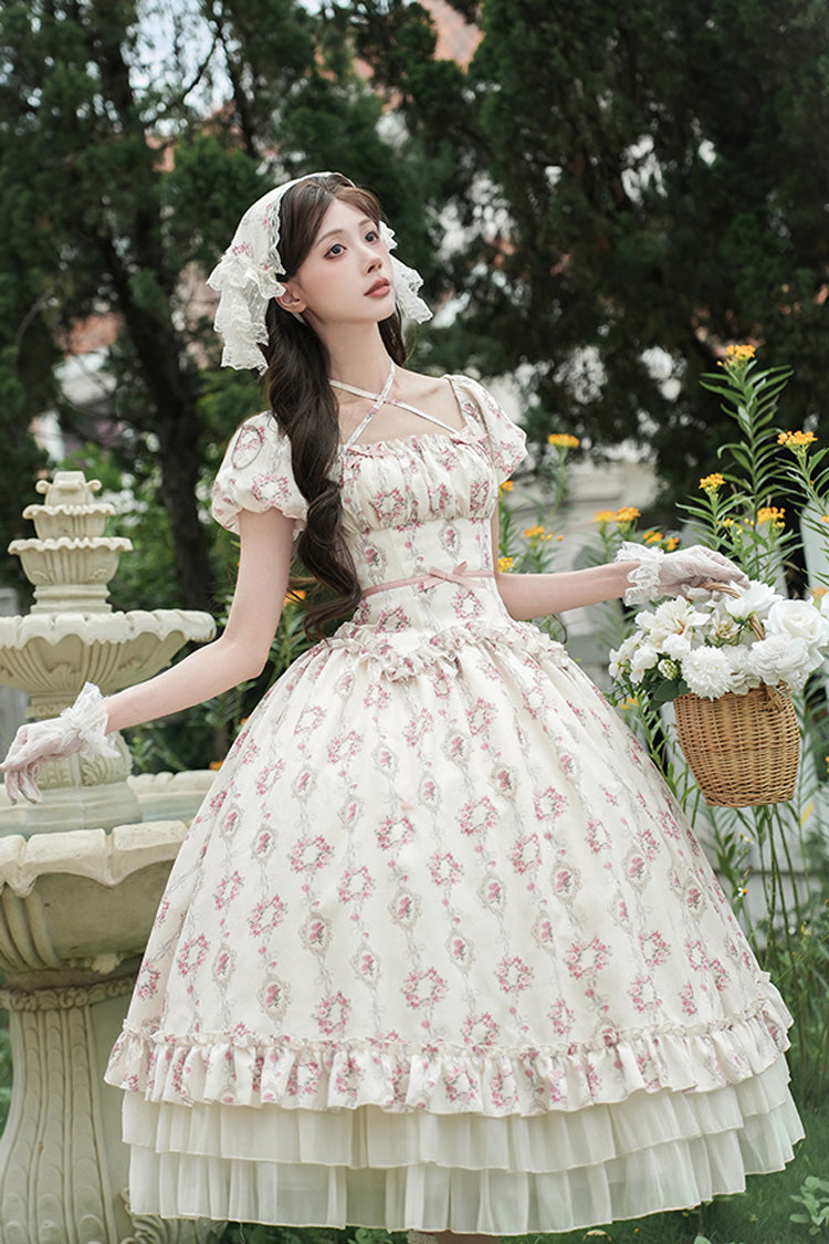 Ivory [Rose After The Rain] Short Sleeves Triple-Layered Print Ruffle Bowknot Lace-Up Sweet Lolita Long Dress - Product - 4