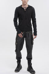 Black Trendy Dark Tether V-Neck Panel Knit Hooded Men's Punk T-Shirt - Black - 1
