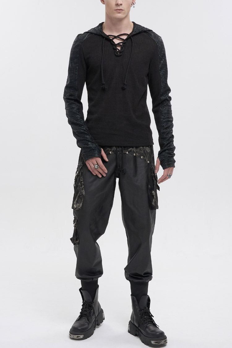 Black Trendy Dark Tether V-Neck Panel Knit Hooded Men's Punk T-Shirt - Black - 1
